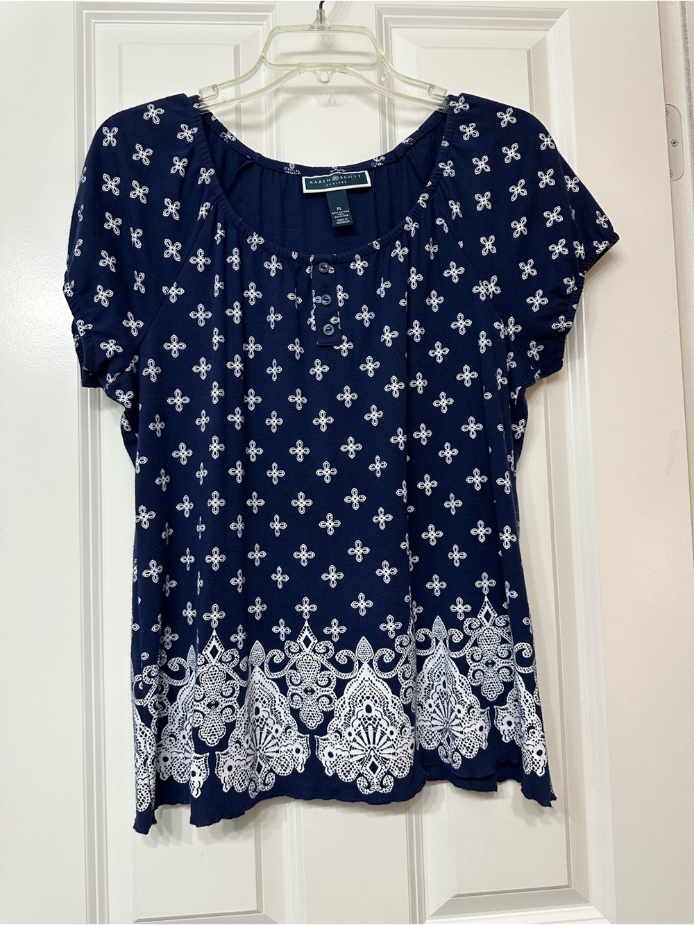 Karen Scott Navy Blue Short Sleeve Printed Scoop Neck Top